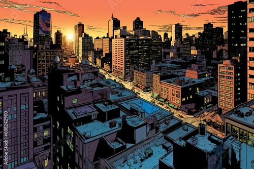 Modern city in the style of comics. Beautiful illustration picture. Generative AI