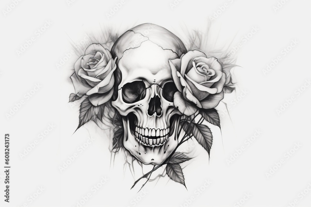 Skull with roses. Tattoo sketch. Beautiful illustration picture. Generative AI Skull with roses. Tattoo sketch. Beautiful illustration picture. Generative AI