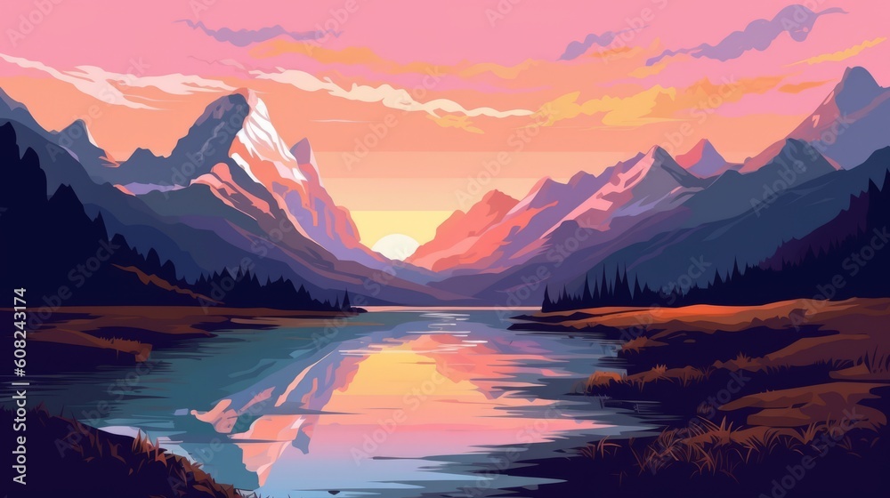 Sunset on mountain lake. Beautiful illustration picture. Generative AI