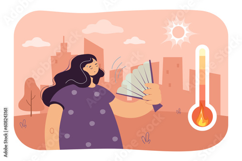 Sweating woman with fan in hot weather vector illustration. Cartoon drawing of girl during heatwave or drought, high temperature, global warming. Climate change, heat, summer, ecology concept photo