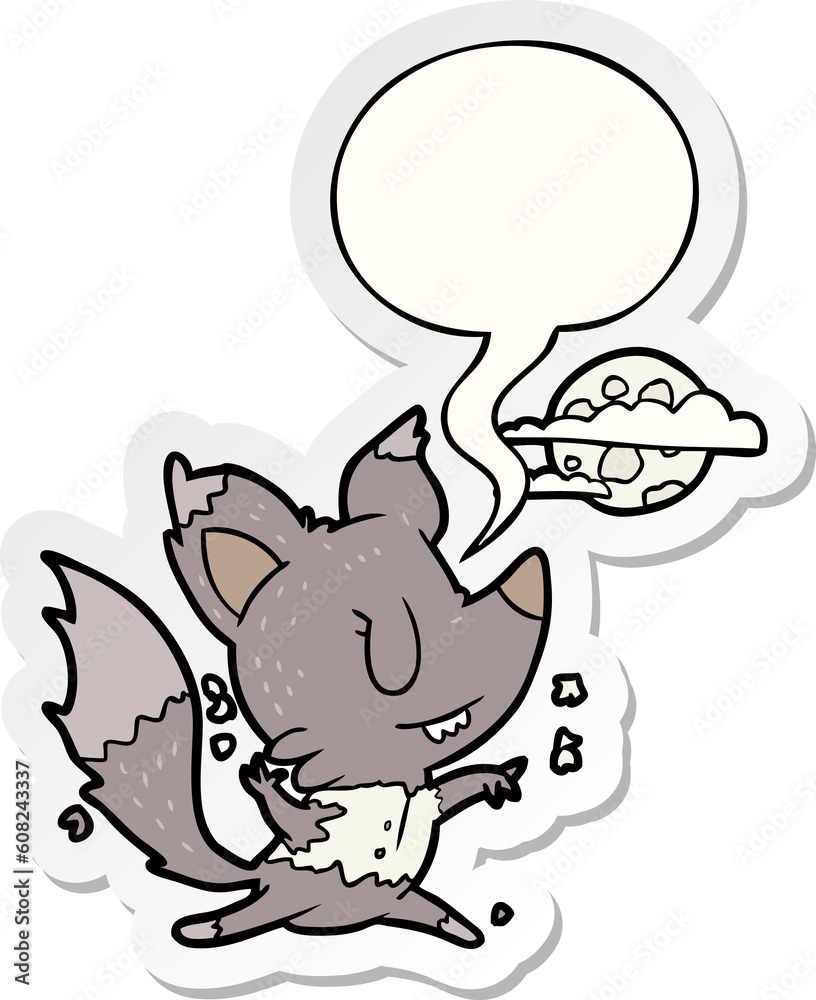 cartoon halloween werewolf changing in moonlight with speech bubble sticker