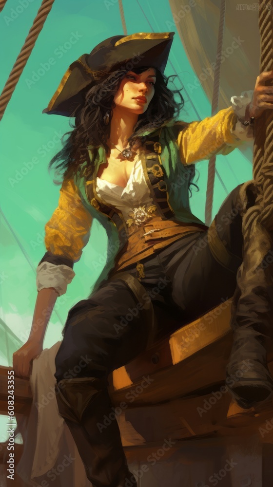 Art of a woman with long legs, on the ship, pirate. Beautiful illustration picture. Generative AI