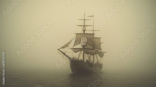Through the dense fog, the eerie ghost ship emerges like a phantom from the depths of the sea. Its timeworn frame bears the scars of countless storms. Generated by AI.