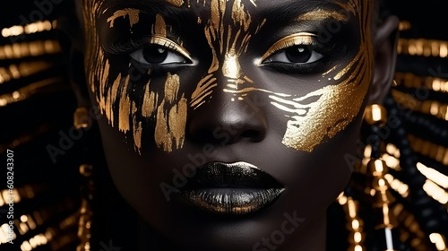 Black beautiful woman with gold paint on the face. Illustration picture. Generative AI
