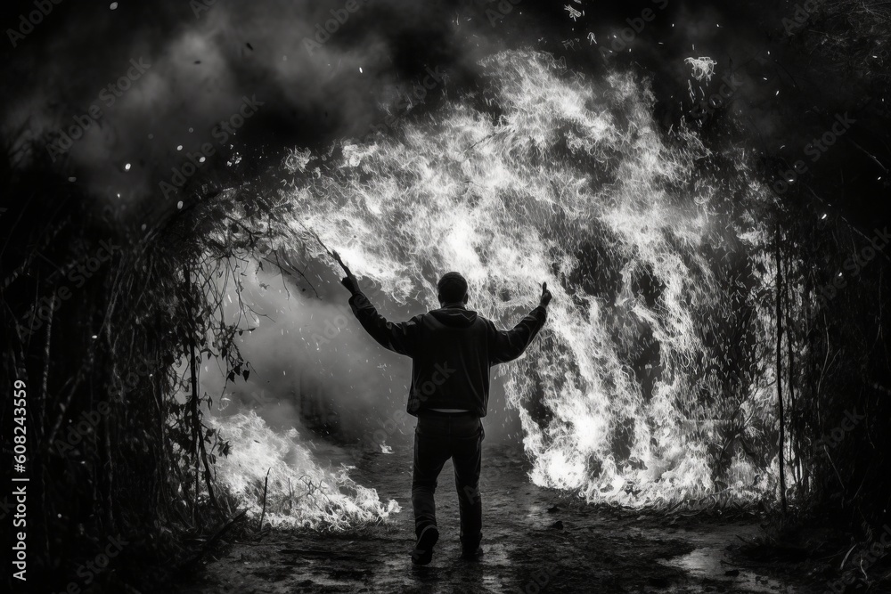 Black and white. Man is standing against the fire. Beautiful illustration picture. Generative AI Black and white. Man is standing against the fire. Beautiful illustration picture. Generative AI