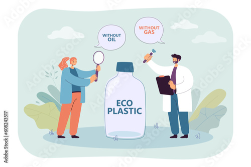 Happy scientists making eco-friendly plastic vector illustration. Cartoon drawing of biologists making material without gas or oil. Ecology, environment, science, biology, nature concept
