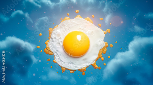 Fried egg in the blue sky surrounded by fluffy clouds. Generative Ai illustration