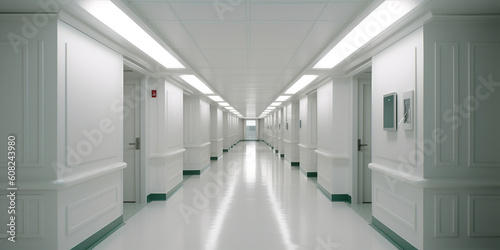 Krankenhaus mit langen Flur ganz in weiß. ai generativ