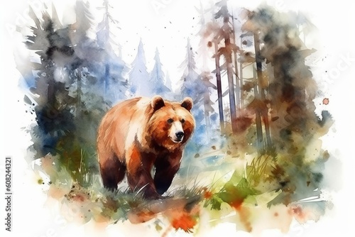 Watercolor sketch, bear in the forest. Beautiful illustration picture. Generative AI