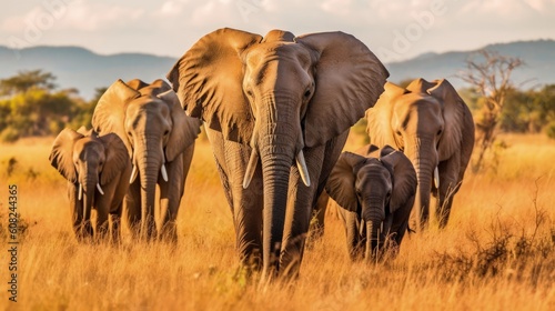 Step into the realm of the savannah and witness the majestic grace of an elephant family as they wander through their natural habitat. Generated by AI.
