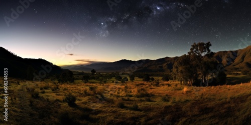 Beautiful landscape with starry sky. Beautiful illustration picture. Generative AI