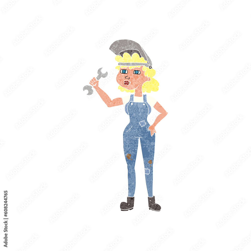 freehand retro cartoon woman with spanner freehand retro cartoon woman with spanner