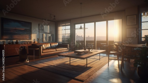 Luxurious apartment in a modern building with panoramic windows and city views. Comfortable leather sofa and armchair, coffee table, wooden floor, vintage carpet, painting on the wall. Generative AI