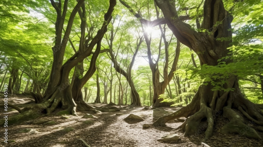 Obraz premium Stepping into the sacred grove, one is enveloped by the ancient presence of towering trees, their roots deeply rooted in the earth, their branches reaching towards the sky. Generated by AI.