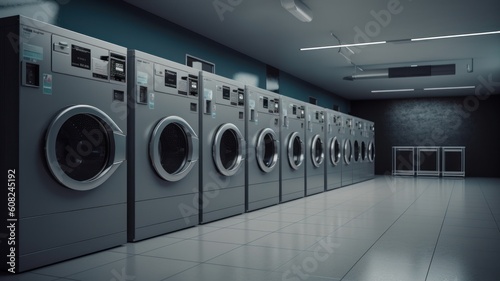 Modern business laundry, huge industrial automatic washing machines stand in a row in a spacious monochrome room. Modern industry and life. Generative AI