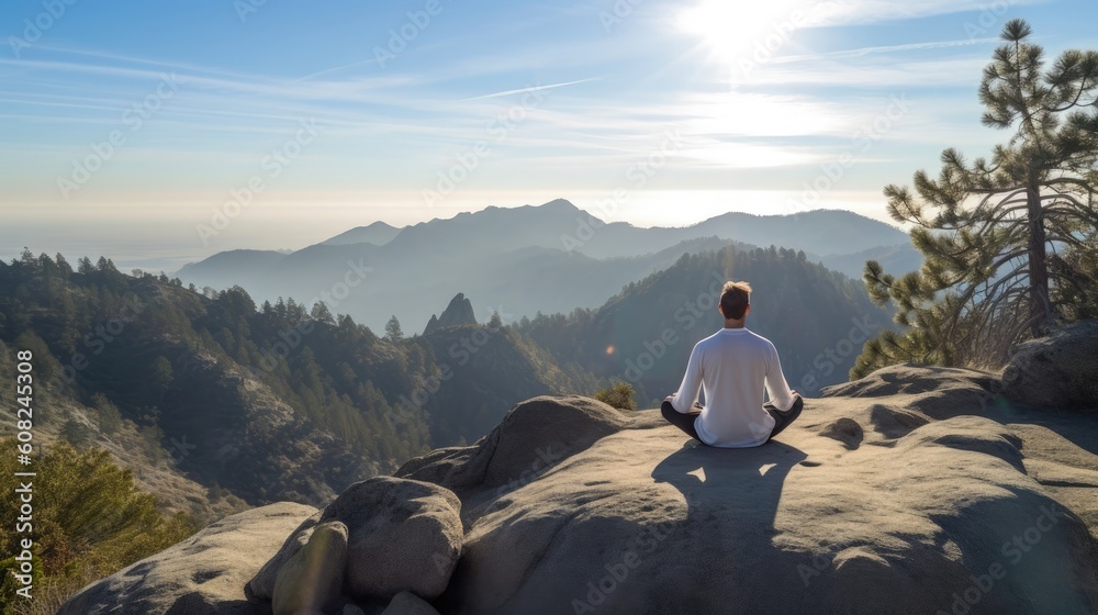 Fototapeta premium Journey to the summit of a sacred mountain peak, where the air is pure and the energy is palpable. Find a peaceful spot amidst the awe-inspiring beauty and engage in a meditation. Generated by AI.