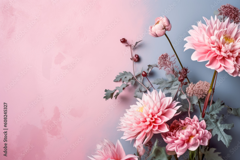 Pretty flowers such as Pink roses, peonies and lilies on pastel pink background, in the style of vibrant colors in nature,, nature-inspired compositions.