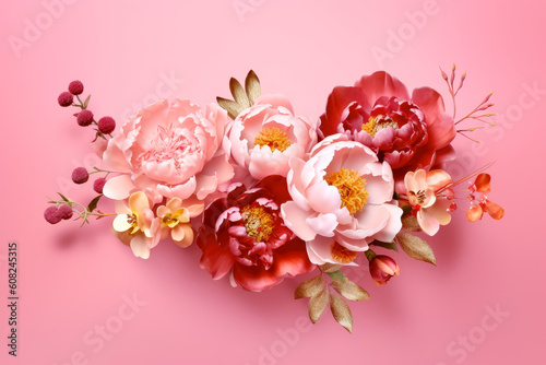 Fototapeta Naklejka Na Ścianę i Meble -  Pretty flowers such as Pink roses, peonies and lilies on pastel pink background, in the style of vibrant colors in nature,, nature-inspired compositions.