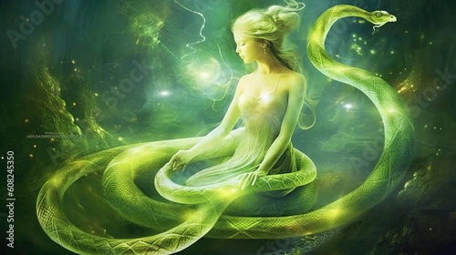 Experience the transformative journey of kundalini energy as it awakens and rises to its full potential, like a coiled serpent uncoiling and ascending. Generated by AI.