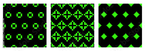 Set of sour seamless patterns in green. Abstract star shapes. Vector patterns on black background in fashionable style Y2K, 90 s.