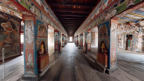 Unveil the secrets of Tibetan spirituality on a mesmerizing tour of a hidden monastery nestled amidst breathtaking landscapes. Explore the monastery's sacred chambers. Generated by AI.