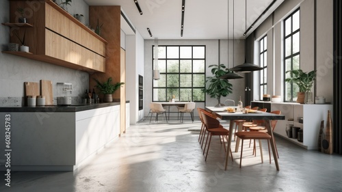 Modern spacious loft kitchen with dining area. Minimalistic interior, concrete walls and floors, wooden facades, table and chairs, panoramic windows. Generative AI