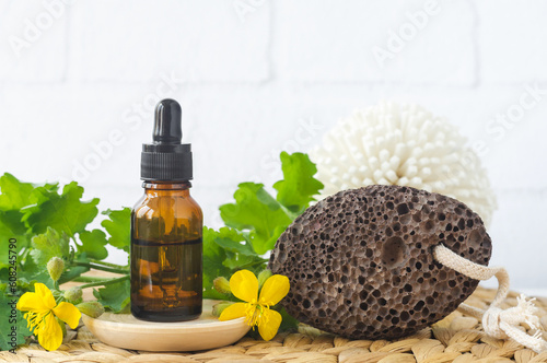 Small bottle of Greater celandine infusion (herbal tincture, extract, oil) and volcanic pumice stone. Aromatherapy, homemade plantar wart remedy and herbal medicine ingredient.