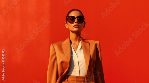 Confident fashion female model in sunglasses. Dark beige suit, white blouse. Posing in front of a red wall - Generative AI