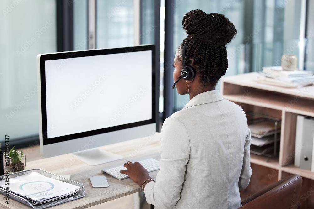 Call center, computer screen and mockup with black woman in office for consulting, customer service and help desk. Communication, contact us and website with back of employee for kpi and networking