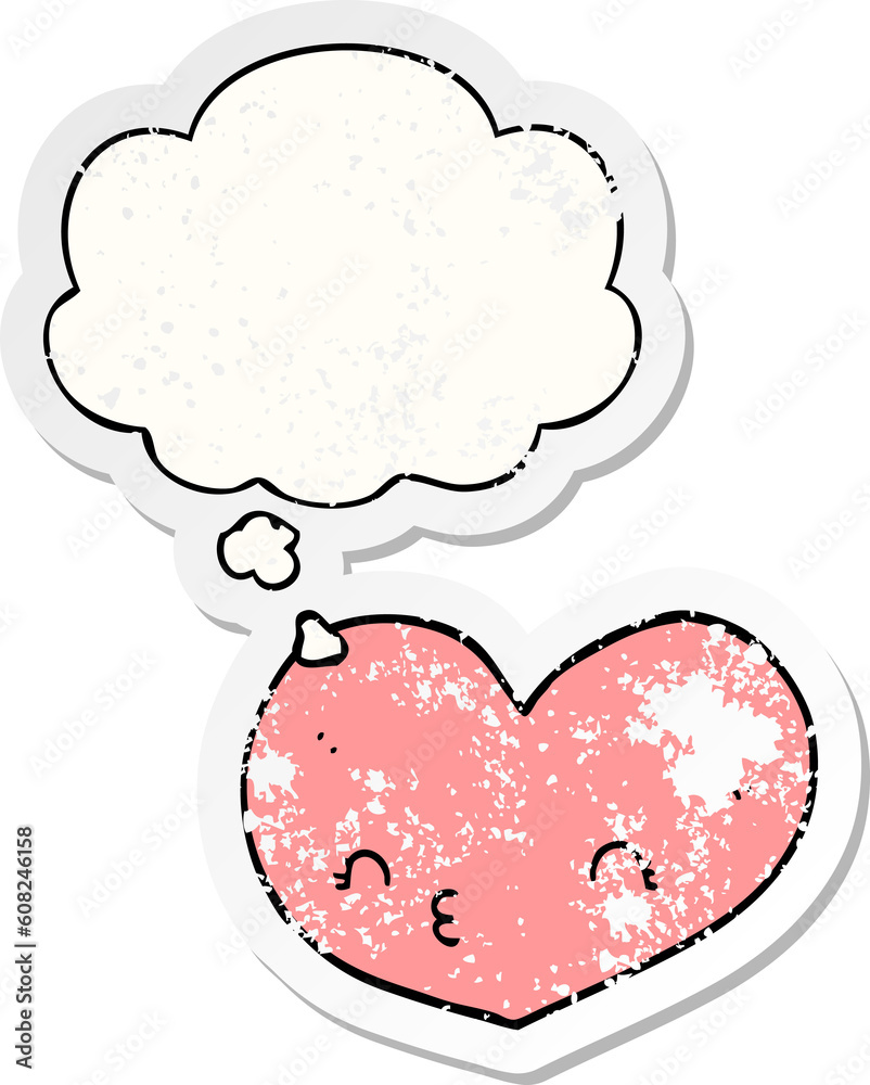 cartoon heart with face with thought bubble as a distressed worn sticker
