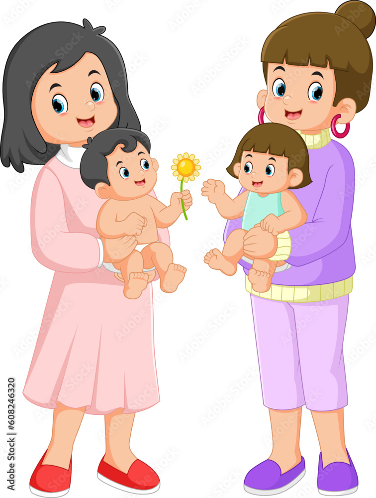 two mothers are meeting and holding a very cute baby two mothers are meeting and holding a very cute baby