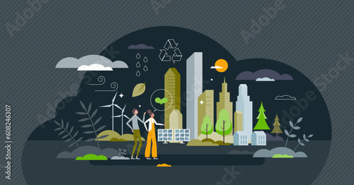 Eco friendly living and green, environmental lifestyle tiny person concept. Society with alternative power usage, sustainable garbage management and smart resources consumption vector illustration.