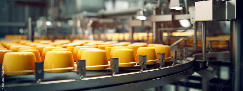 cheese, tape in the food industry, products ready for automatic packaging. Concept with automated food production. Generative AI,