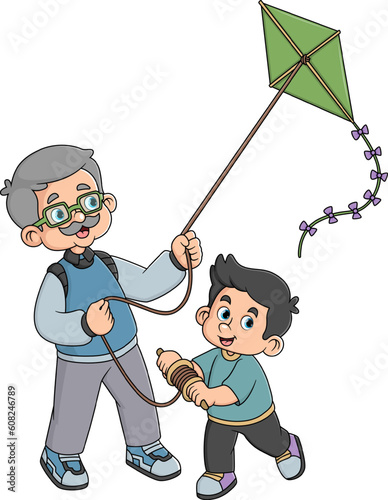 a grandfather is happy with his grandson playing a kite