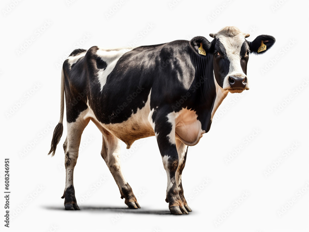 牛 （雌牛 乳牛）　白背景　AI生成画像　ジェネレーティブAI