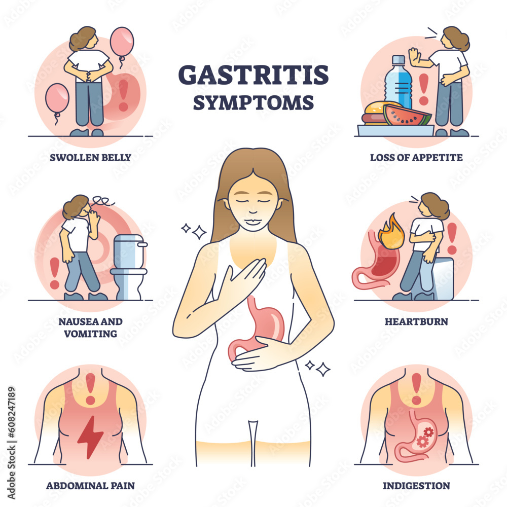 Gastritis symptoms and stomach chronic illness description outline diagram. Labeled educational