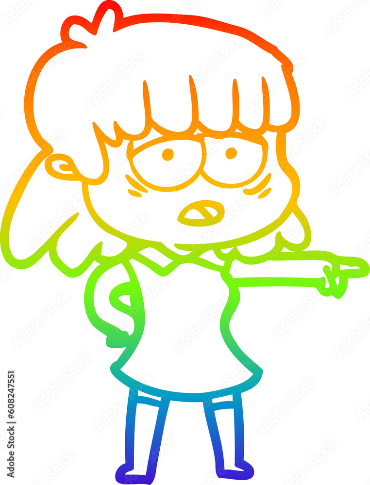 rainbow gradient line drawing of a cartoon tired woman pointing rainbow gradient line drawing of a cartoon tired woman pointing