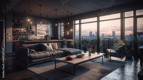 Luxurious apartment in a modern building with panoramic windows and city views. Large comfortable sofa and armchair  coffee table  wooden floor  vintage carpet  painting on the wall. Generative AI