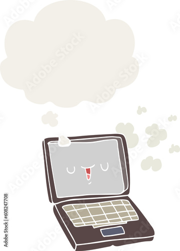 cartoon computer with thought bubble in retro style