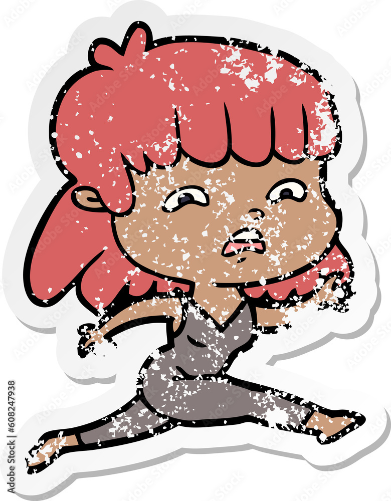 distressed sticker of a cartoon worried woman distressed sticker of a cartoon worried woman