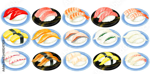 お皿に乗った握り寿司のイラストセット 寿司