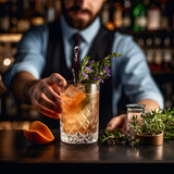 Cocktail mixology with an image of a skilled mixologist crafting a visually stunning cocktail, garnished with fresh fruits, herbs, and a touch of flair, Generated AI