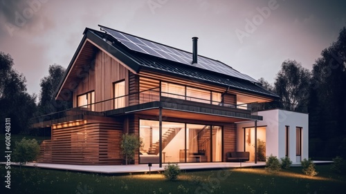 Modern wooden two-story cottage in a minimalist style with solar panels on the roof. Panoramic windows, spacious terrace, neat lawn. Soft evening light. Generative AI © Georgii