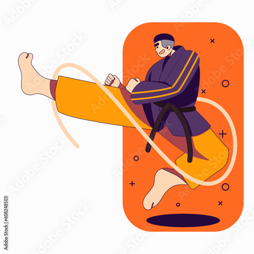 Karate man with kimono kicking movement flat design