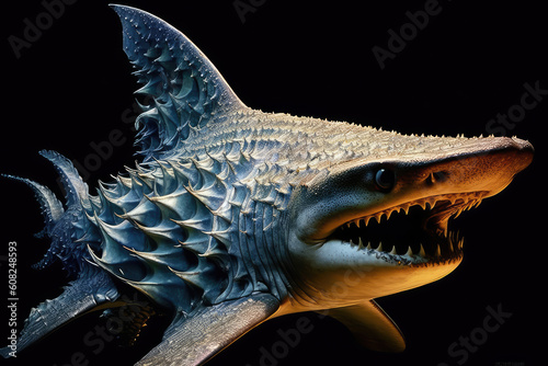 a shark  in an intricate sculpture style on black background  abstract  generative ai