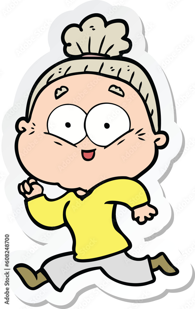 sticker of a cartoon happy old woman