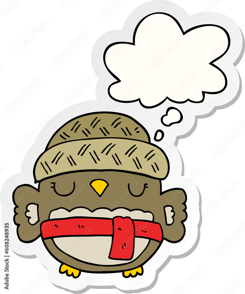 cute cartoon owl in hat with thought bubble as a printed sticker cute cartoon owl in hat with thought bubble as a printed sticker