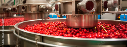 cherries, tape in the food industry, products ready for automatic packaging. Concept with automated food production. Generative AI,