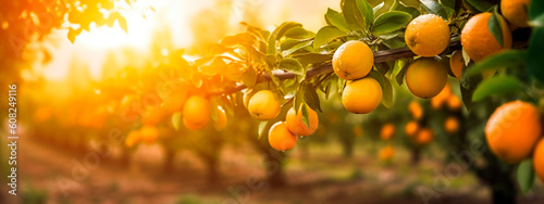 Oranges grow on a tree in a harvest garden. Generative Ai,
