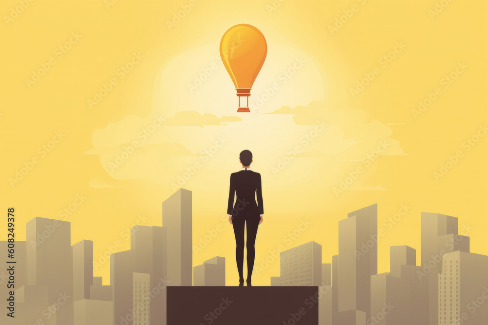 Business woman with a bright idea light bulb. Generative ai Business woman with a bright idea light bulb. Generative ai